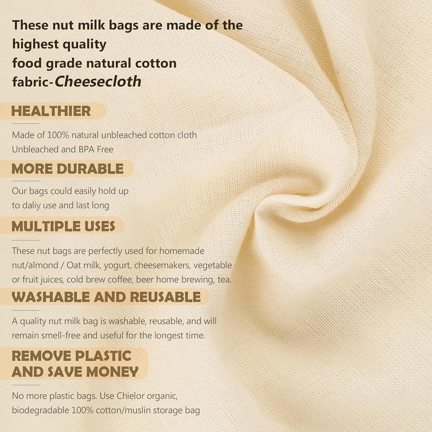 10 Pack Nut Milk Bag, 12‘’ x 14‘’ Fine Mesh Grade Reusable Cheesecloth Bags Strainers, Unbleached Organic Cotton Filter Bags for Almond Milk, Juices, ColdBrew, Cheese, Tea, Yogurt, Coffee