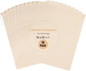 10 Pack Nut Milk Bag, 12‘’ x 14‘’ Fine Mesh Grade Reusable Cheesecloth Bags Strainers, Unbleached Organic Cotton Filter Bags for Almond Milk, Juices, ColdBrew, Cheese, Tea, Yogurt, Coffee