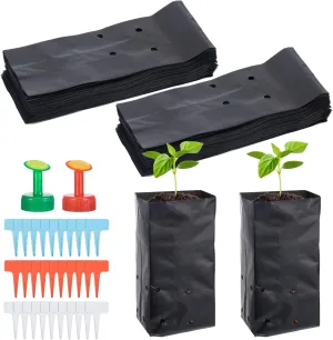100 Pcs 9.5x3.9 Inches PE Seedling Bag Plastic Plants Nursery Grow Bags Nursing Growing Pouch Tree Seedling Cup Bonsai Plant Bag with 30 Pcs Labels and 2 Pcs Mini Hand Portable Watering Sprinkler