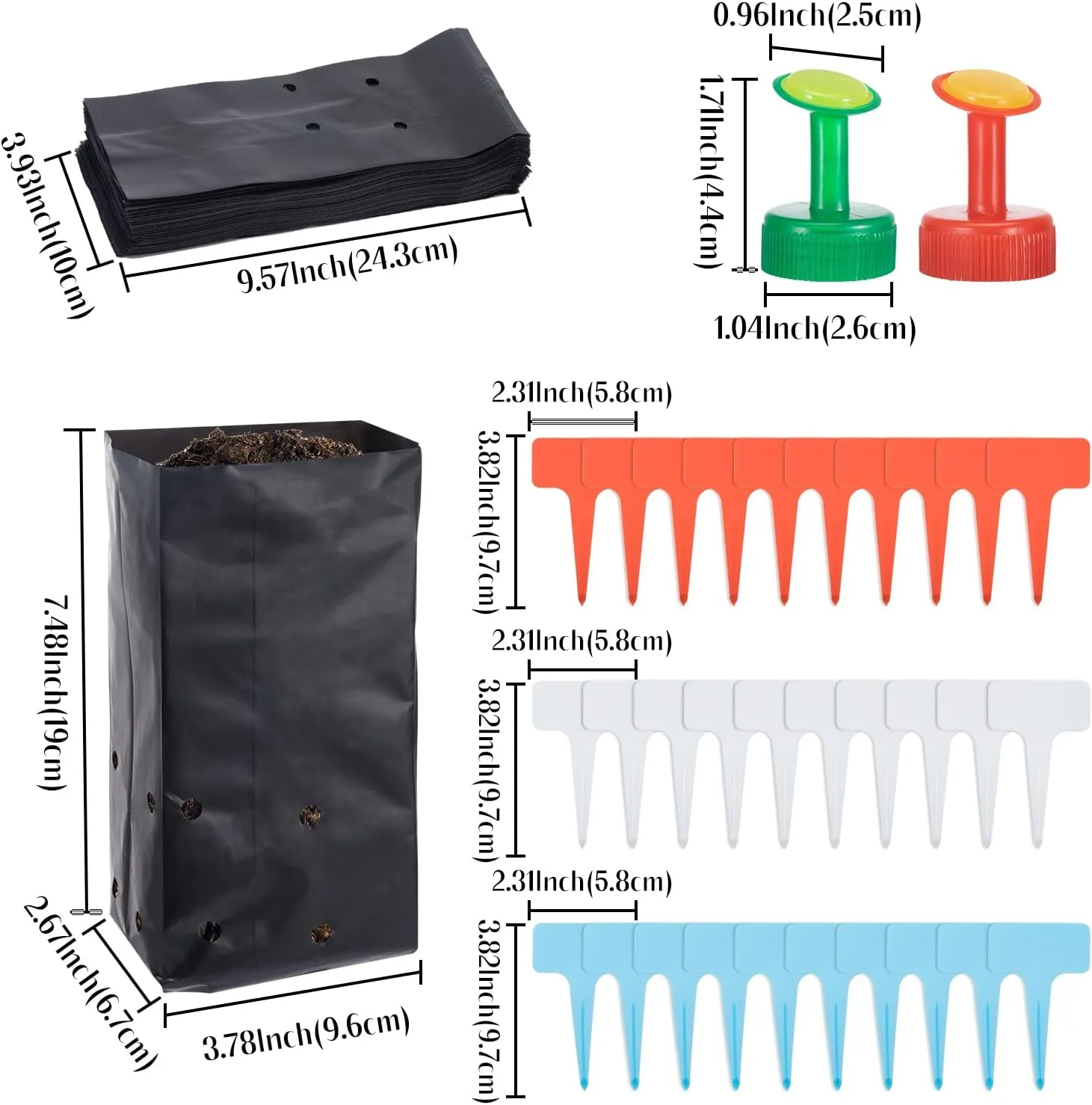 100 Pcs 9.5x3.9 Inches PE Seedling Bag Plastic Plants Nursery Grow Bags Nursing Growing Pouch Tree Seedling Cup Bonsai Plant Bag with 30 Pcs Labels and 2 Pcs Mini Hand Portable Watering Sprinkler