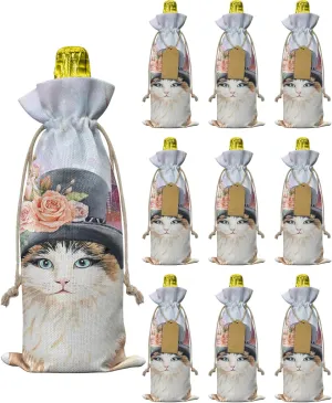 10pcs Burlap Wine Bags Vancouver City Skyline Pet Elegant Reusable Wine Bottle Covers Watercolor Cat Bottle Gift Bag with Drawstring for Wedding, Birthday, Holiday Party, Housewarming