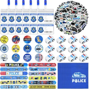 110Pcs Police Party Favors for Kids - Police Birthday Party Decorations with Toy Cars, Slap Bracelets, Stickers, Badges, ID Cards & Gift Bags, Goodie Bag Fillers for Boys Party Supplies