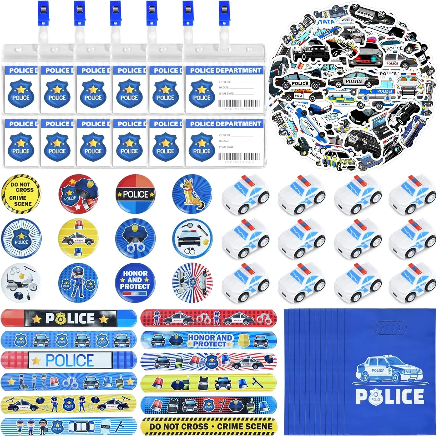 110Pcs Police Party Favors for Kids - Police Birthday Party Decorations with Toy Cars, Slap Bracelets, Stickers, Badges, ID Cards & Gift Bags, Goodie Bag Fillers for Boys Party Supplies