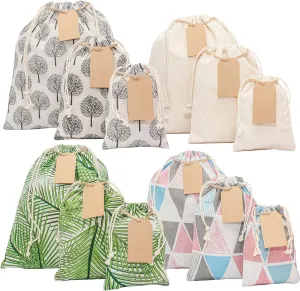 12 Pack Fabric Gift Bags. Assorted Sizes with 15 Gift Tags & String. Colorful, Durable, Reusable Drawstring Gift Bags for Birthdays, Valentine's day, Special Occasions. 7th Ed.