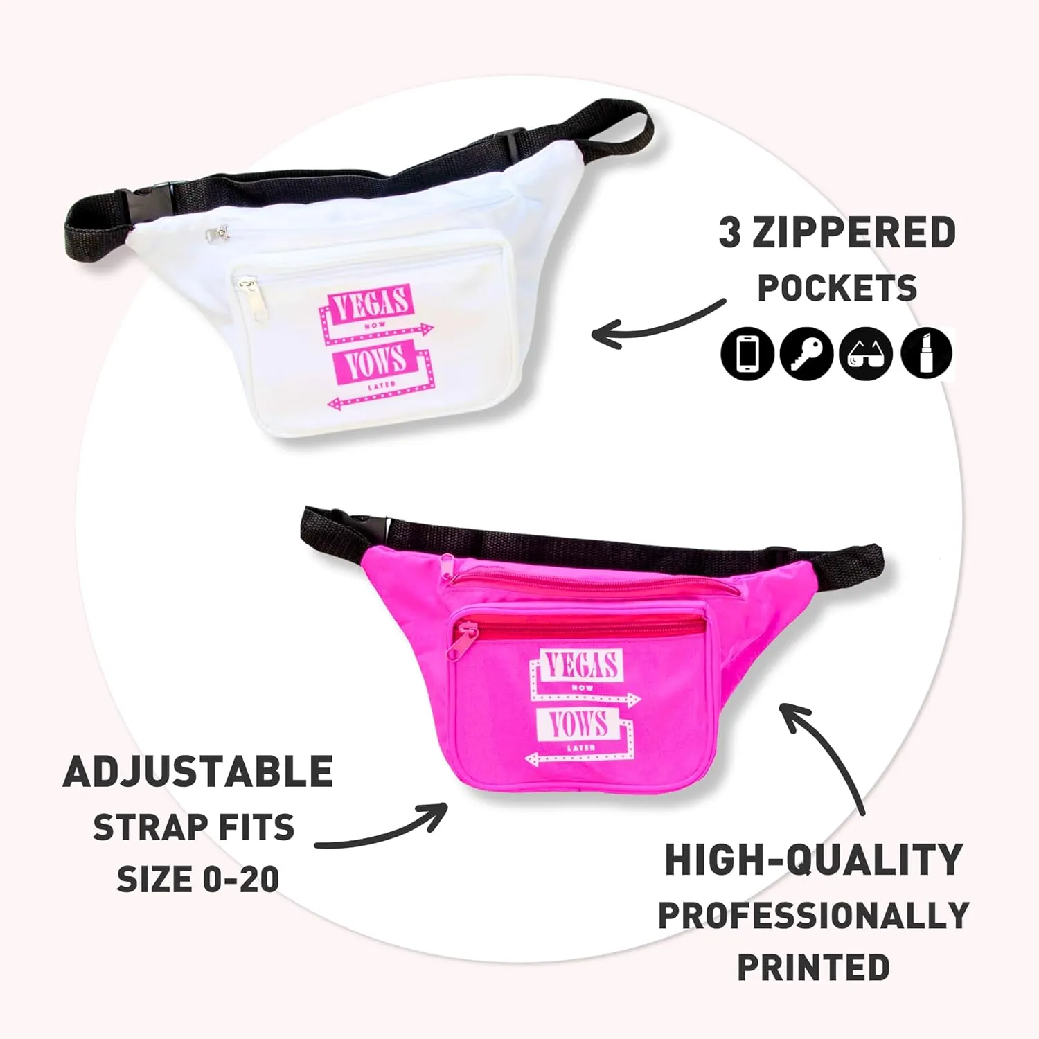 12 Pcs Fanny Pack Belt Bags Waist Packs by Stag & Hen | Crossbody 3-Zipper Pockets Adjustable Strap Wallet Phone Holder | Workout Traveling Hiking | "Vegas Now Vows Later" Bachelorette Party Las Vegas Lucky In Love Hangover Kit