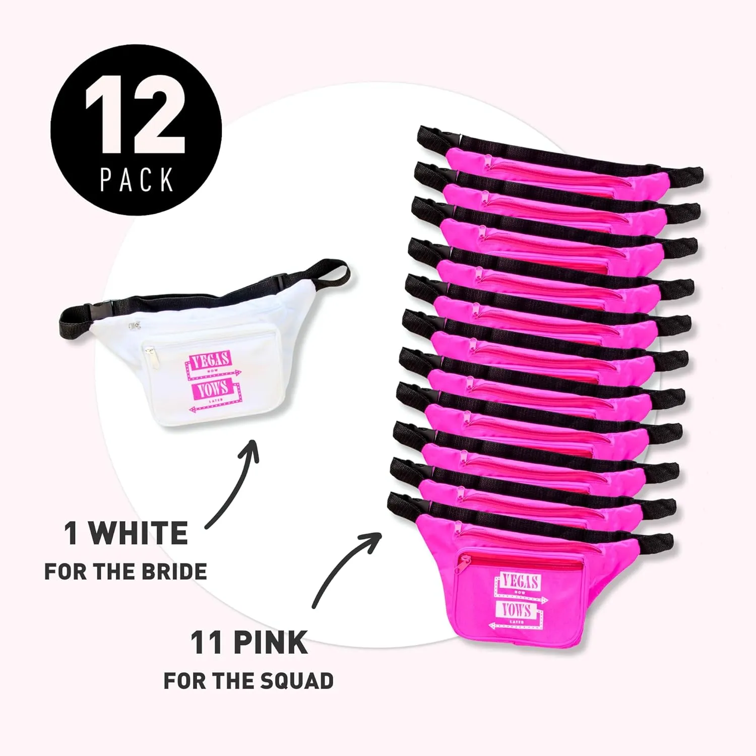 12 Pcs Fanny Pack Belt Bags Waist Packs by Stag & Hen | Crossbody 3-Zipper Pockets Adjustable Strap Wallet Phone Holder | Workout Traveling Hiking | "Vegas Now Vows Later" Bachelorette Party Las Vegas Lucky In Love Hangover Kit
