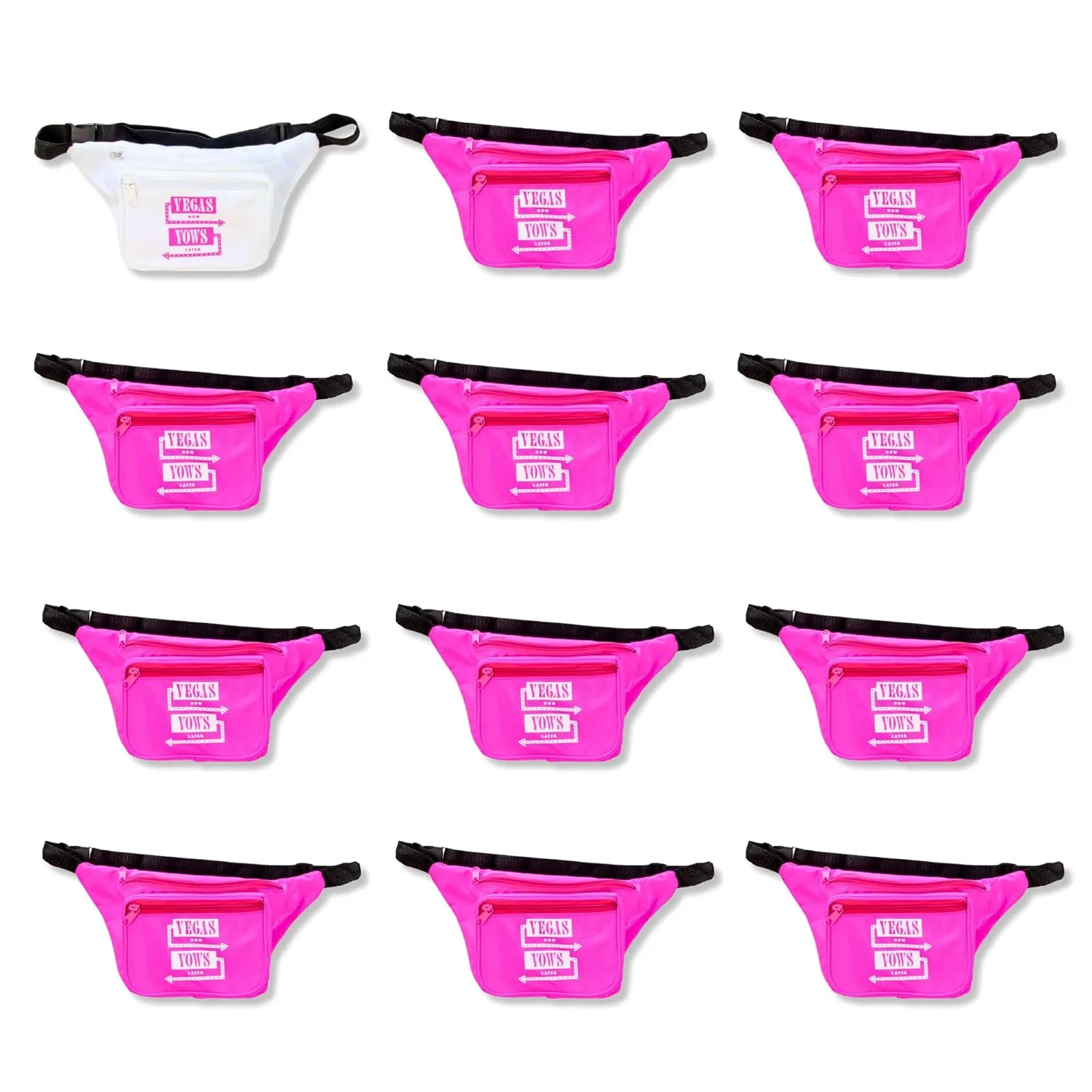 12 Pcs Fanny Pack Belt Bags Waist Packs by Stag & Hen | Crossbody 3-Zipper Pockets Adjustable Strap Wallet Phone Holder | Workout Traveling Hiking | "Vegas Now Vows Later" Bachelorette Party Las Vegas Lucky In Love Hangover Kit
