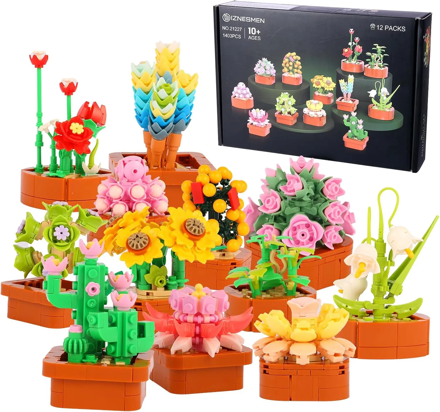 1403 PCS 3.6mm Mini Succulent Flower Building Blocks Set - 12 Pack Creative Plant Toys for Home Decor, Adults & Kids Ages 10 , Party Favors, Birthday Gifts