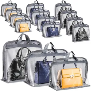 15 Pcs Dust Bags for Handbags Purse Storage Organizer 3 Size Clear Purse Organizer Hanging Handbag Storage with Zipper and Handles Closet Bags Covers for Dust, Gray, 5 Per Size