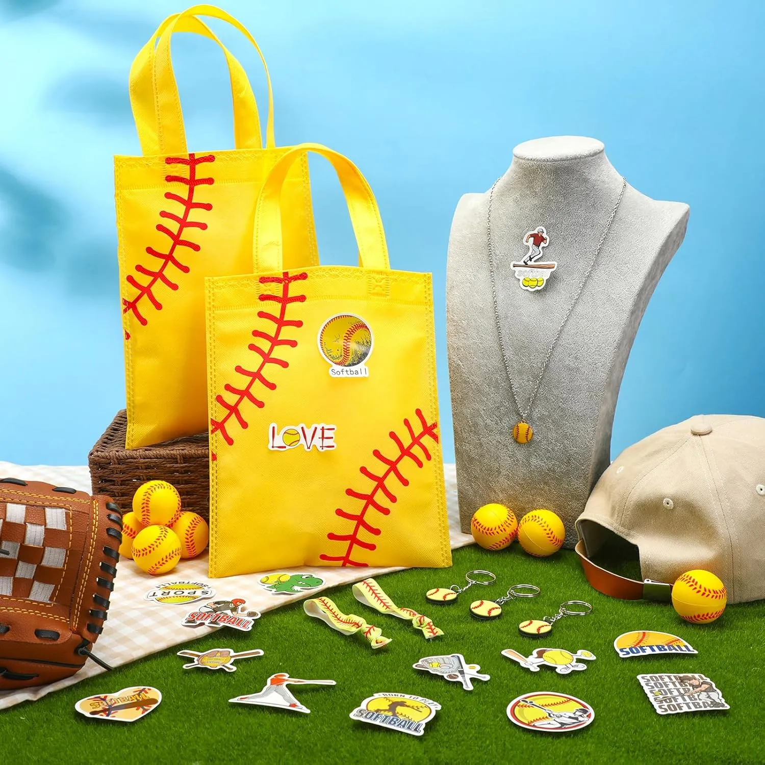 169 Pcs Softball Party Favors Supplies Set Bulk Mini PU Foam Balls Non Woven Softball Goodie Bags Stuffers Keychain Hairbands Necklace Stickers for Sports Team Gifts