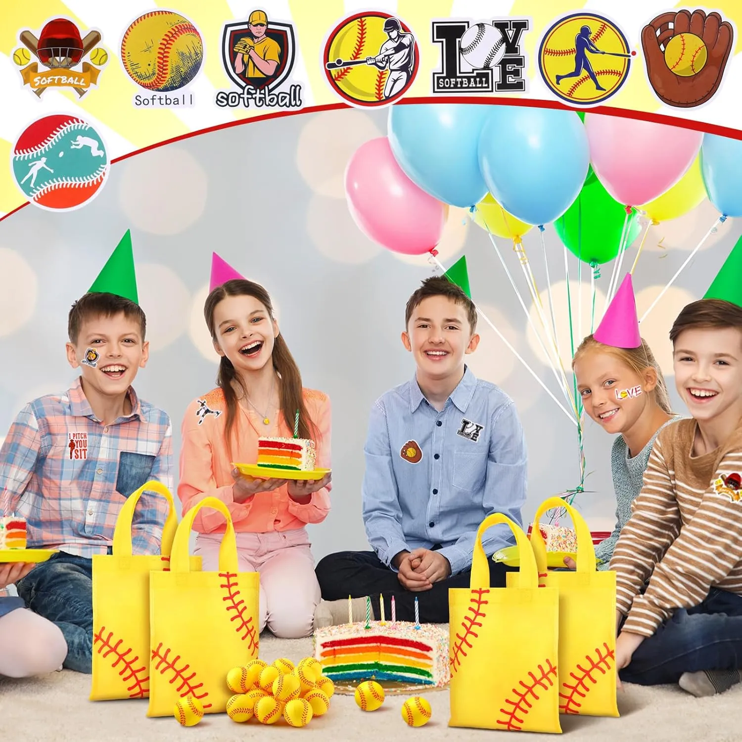 169 Pcs Softball Party Favors Supplies Set Bulk Mini PU Foam Balls Non Woven Softball Goodie Bags Stuffers Keychain Hairbands Necklace Stickers for Sports Team Gifts