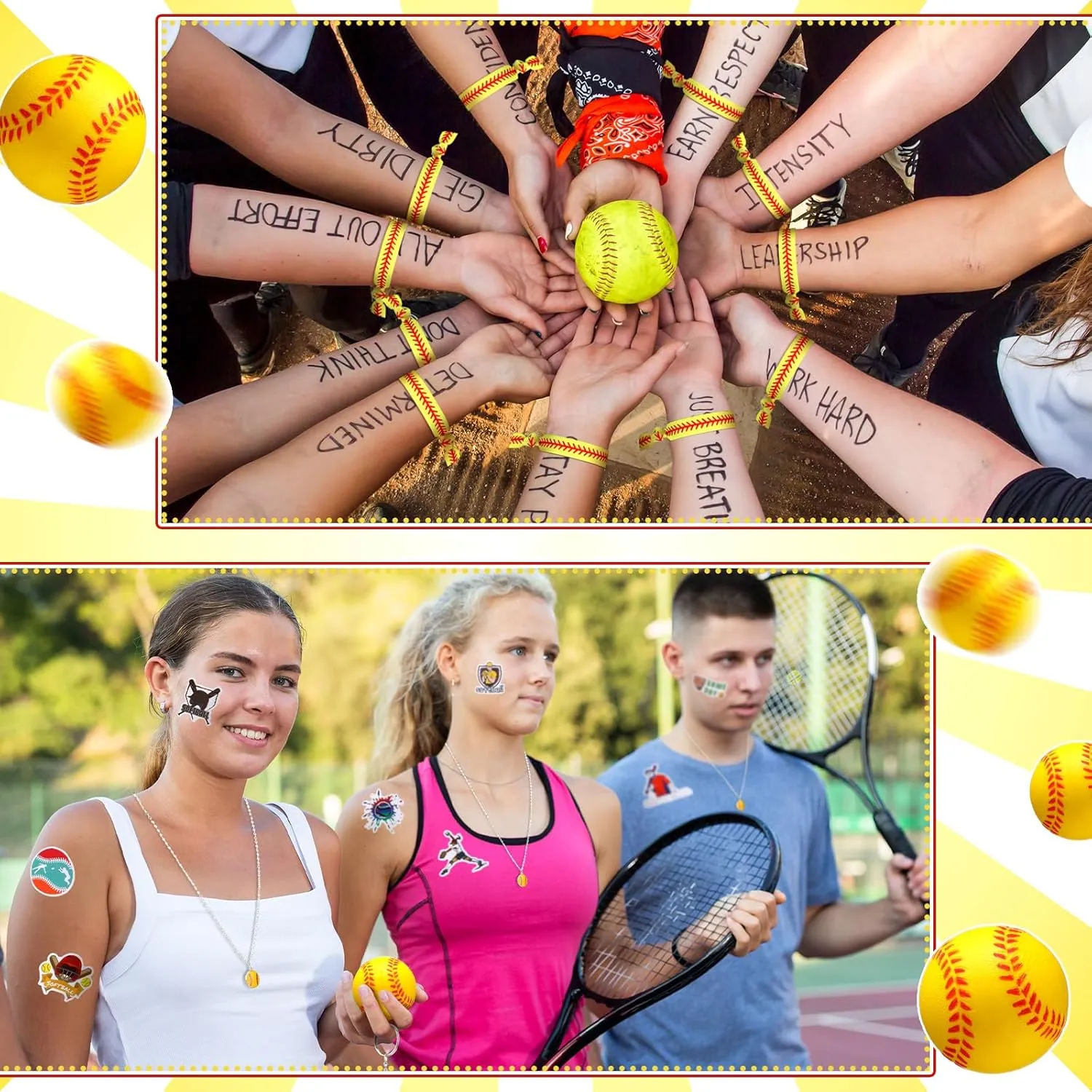 169 Pcs Softball Party Favors Supplies Set Bulk Mini PU Foam Balls Non Woven Softball Goodie Bags Stuffers Keychain Hairbands Necklace Stickers for Sports Team Gifts