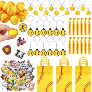 169 Pcs Softball Party Favors Supplies Set Bulk Mini PU Foam Balls Non Woven Softball Goodie Bags Stuffers Keychain Hairbands Necklace Stickers for Sports Team Gifts