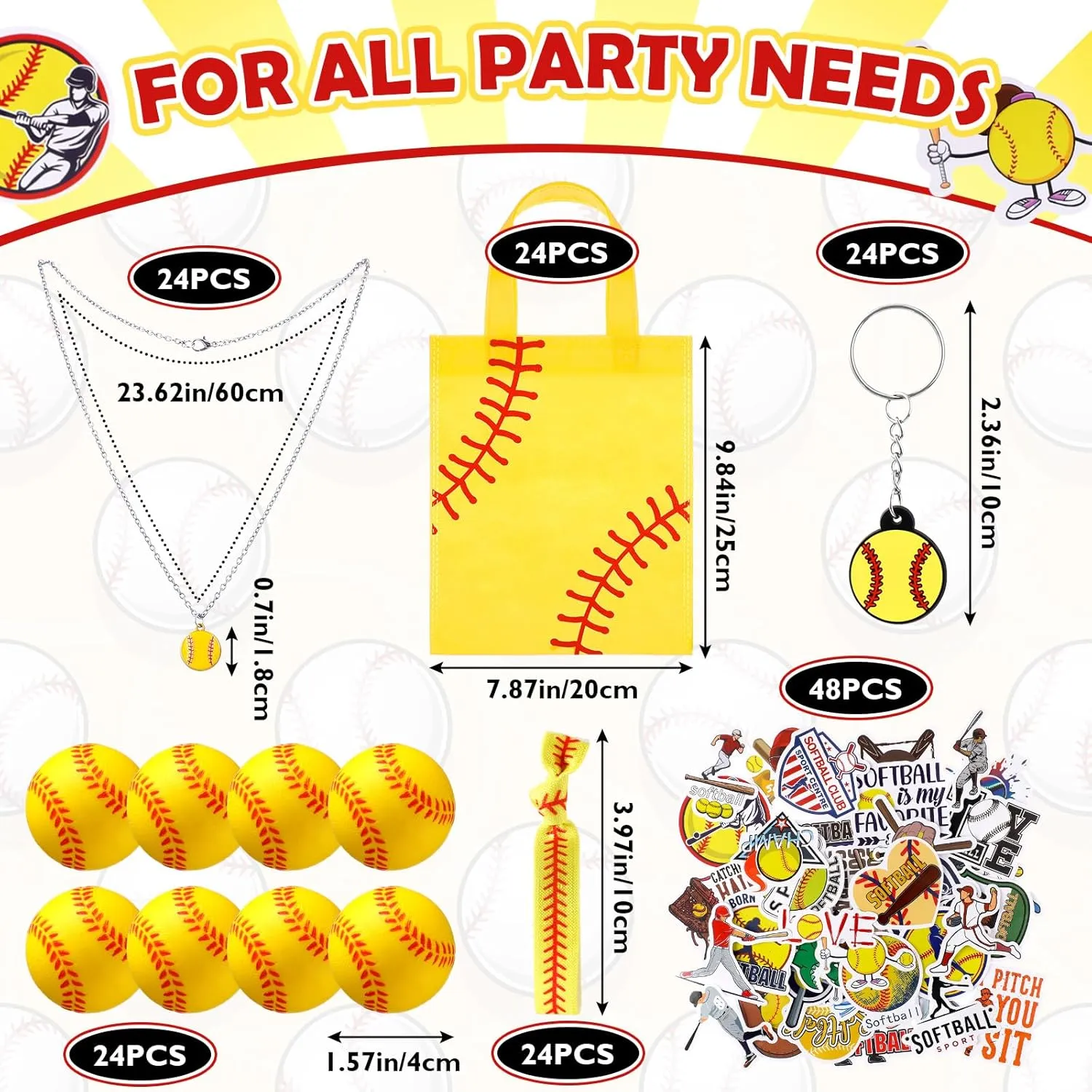 169 Pcs Softball Party Favors Supplies Set Bulk Mini PU Foam Balls Non Woven Softball Goodie Bags Stuffers Keychain Hairbands Necklace Stickers for Sports Team Gifts