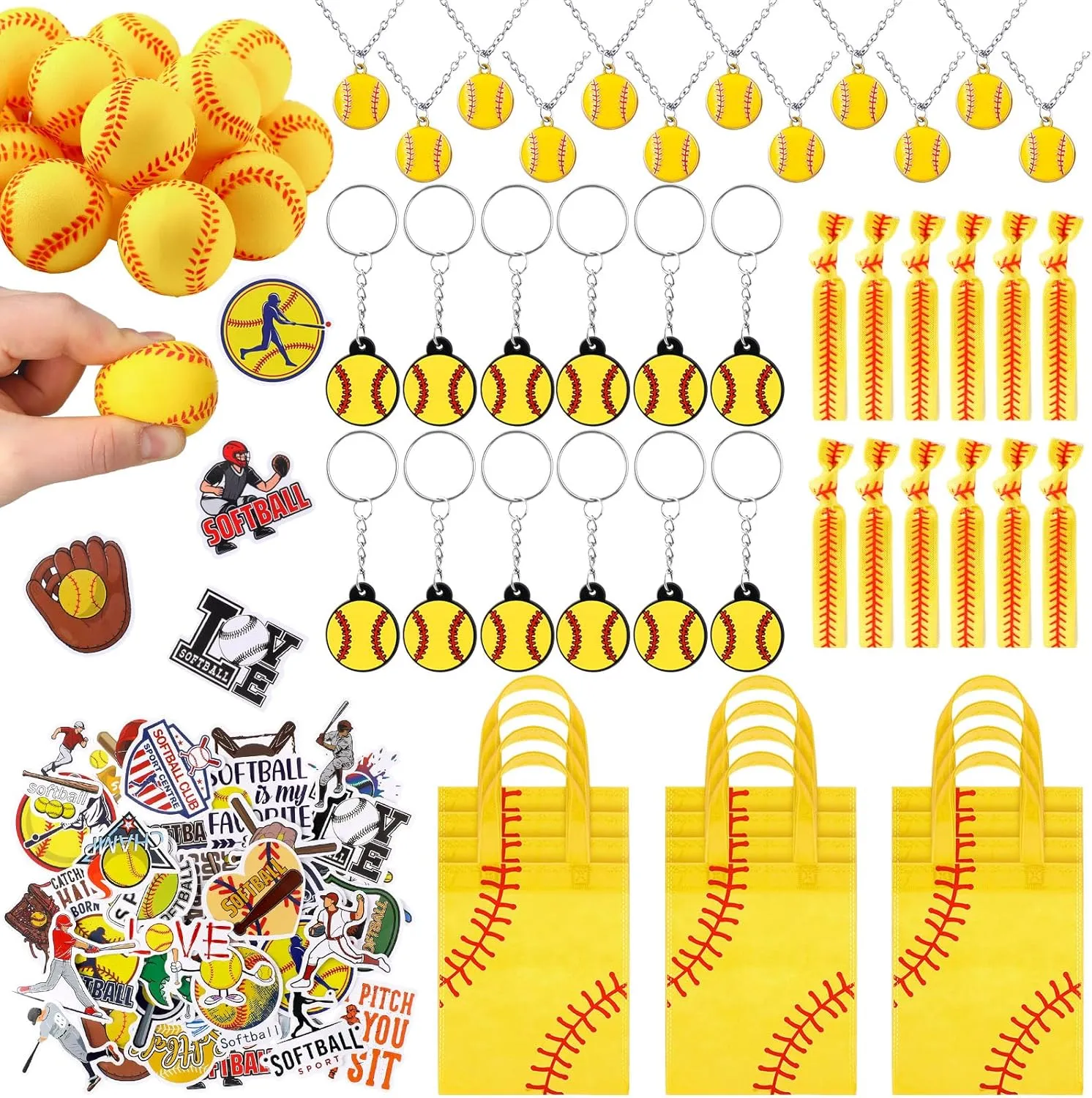 169 Pcs Softball Party Favors Supplies Set Bulk Mini PU Foam Balls Non Woven Softball Goodie Bags Stuffers Keychain Hairbands Necklace Stickers for Sports Team Gifts