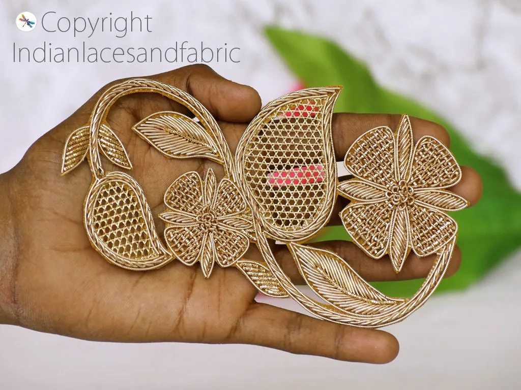2 Gold Decorative Handmade Zardozi Patches Floral Embroidered Indian Sewing Wedding Dress Handcrafted Patches Appliques Crafting Supply Bags