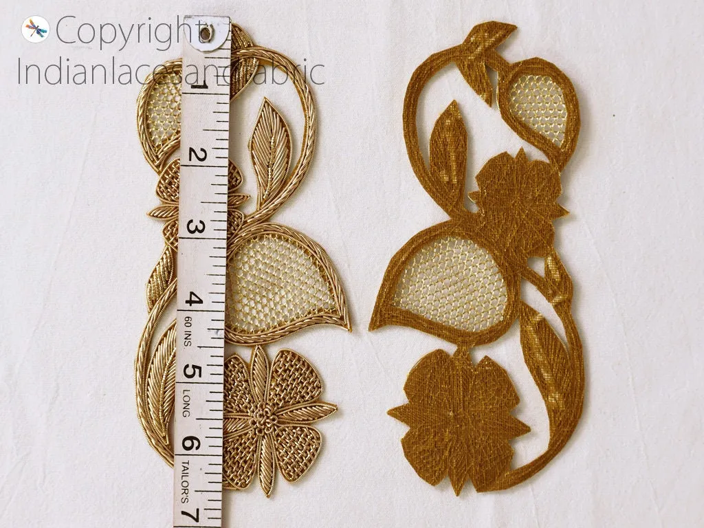 2 Gold Decorative Handmade Zardozi Patches Floral Embroidered Indian Sewing Wedding Dress Handcrafted Patches Appliques Crafting Supply Bags
