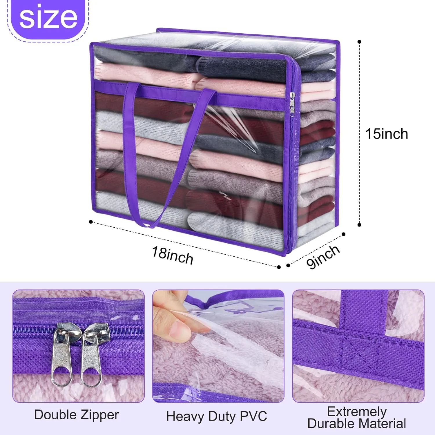2 Pack Clear Zippered Storage Bags for Clothes, Closet Organizers and Storage Vinyl Bag for Bedding, Linen, Blankets, Comforters, Clothes & Toys Multi Purpose & Space Saver PVC Organizers