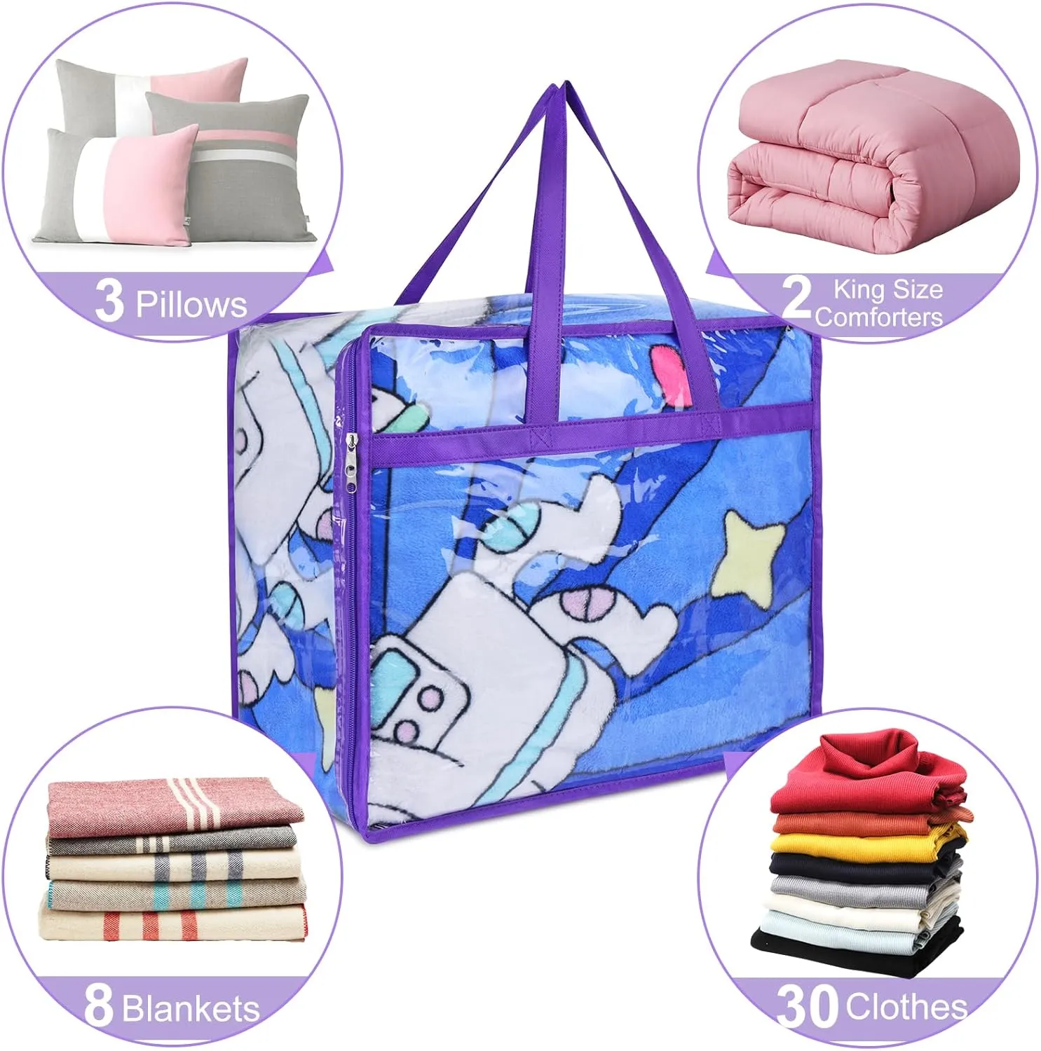 2 Pack Clear Zippered Storage Bags for Clothes, Closet Organizers and Storage Vinyl Bag for Bedding, Linen, Blankets, Comforters, Clothes & Toys Multi Purpose & Space Saver PVC Organizers