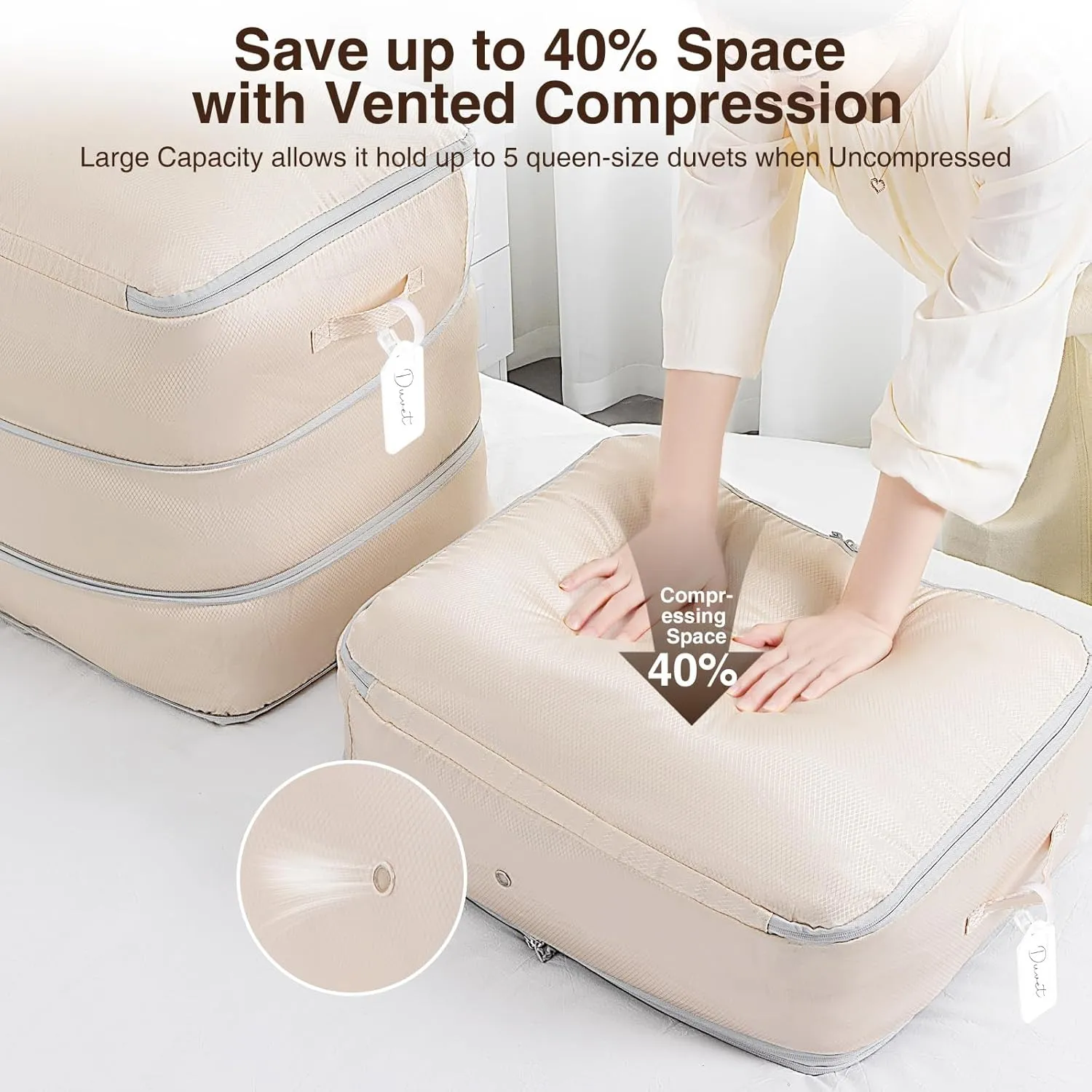 2 Pack Compression Storage Bags - 110L Large Capacity Comforter Storage Bag, 3-Layer Washable Ultra Space Saving Self Compression Organizer Space Bags for Blankets, Sweaters, Sheets, Beige