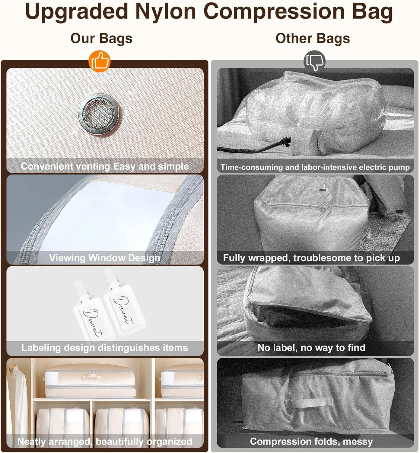 2 Pack Compression Storage Bags - 110L Large Capacity Comforter Storage Bag, 3-Layer Washable Ultra Space Saving Self Compression Organizer Space Bags for Blankets, Sweaters, Sheets, Beige