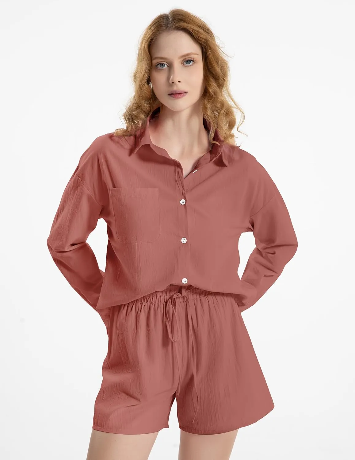 2 Piece Cotton Linen Outfits for Women Lounge Sets Pajama Sets Long Sleeve Shirts with Shorts Summer Tracksuit