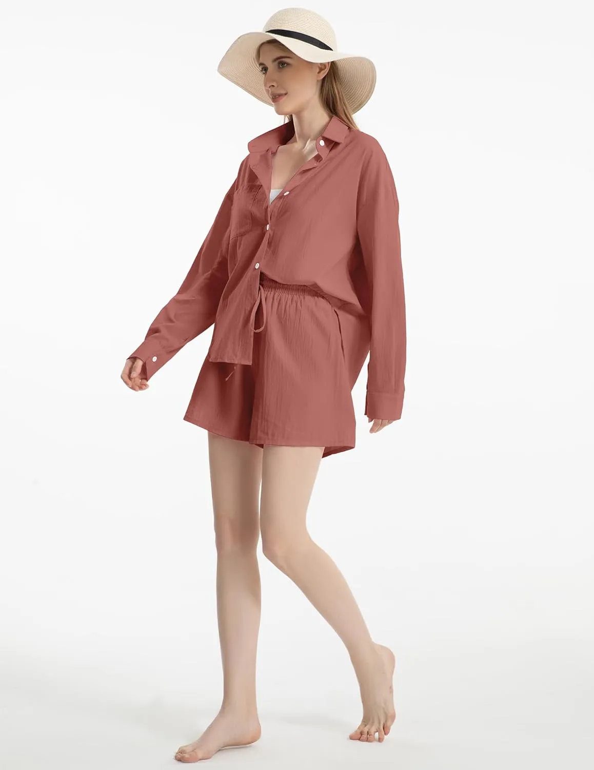 2 Piece Cotton Linen Outfits for Women Lounge Sets Pajama Sets Long Sleeve Shirts with Shorts Summer Tracksuit