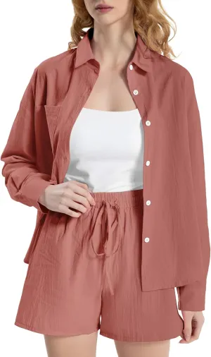 2 Piece Cotton Linen Outfits for Women Lounge Sets Pajama Sets Long Sleeve Shirts with Shorts Summer Tracksuit