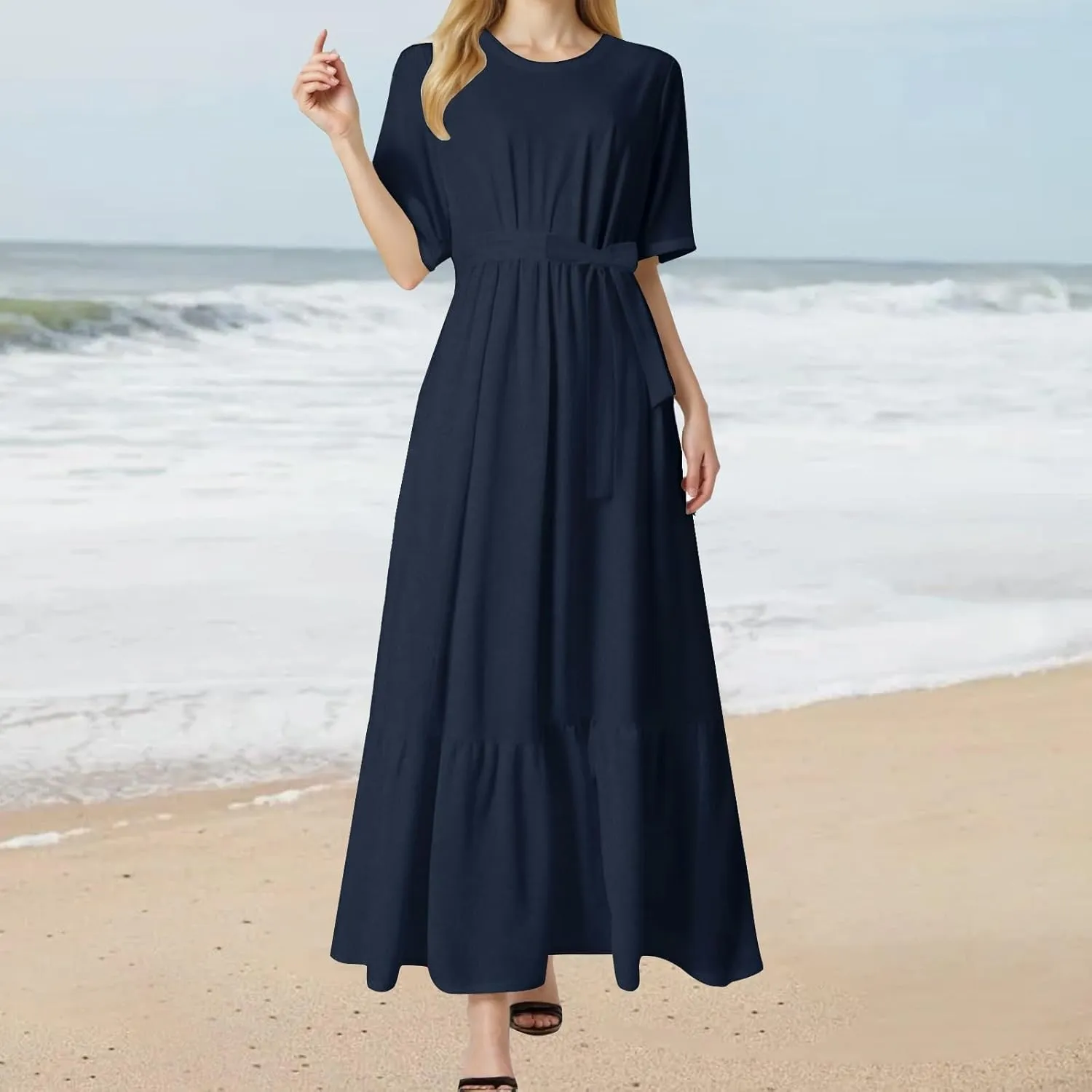 2025 Summer Maxi Dresses for Women Short Sleeve Floral Maxi Dress Trendy High Waist Long Dresses Business Work Dress