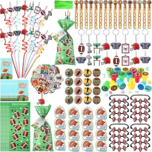 229 Pcs Football Party Favors with Ball Bracelets Mini Pinball Mini Bubble Wands Straws Keychains Badges Stickers Stamps Gift Bags Tags for Birthday Themed Party Sport Supplies