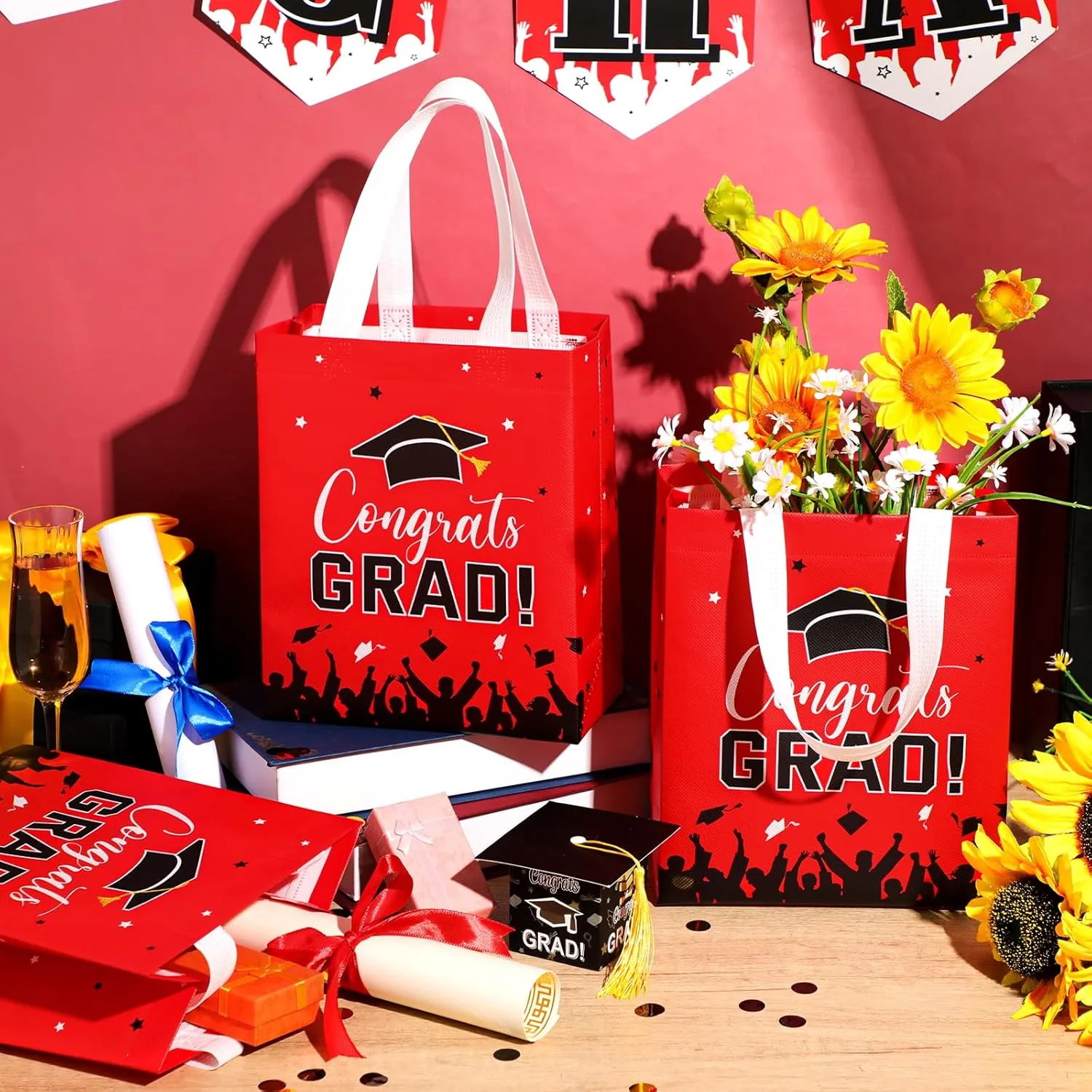 24 Pcs Graduation Gift Bags 2025 Reusable Graduation Bags Bulk with Handles, Nonwoven Congrats Grad Party Favor Tote