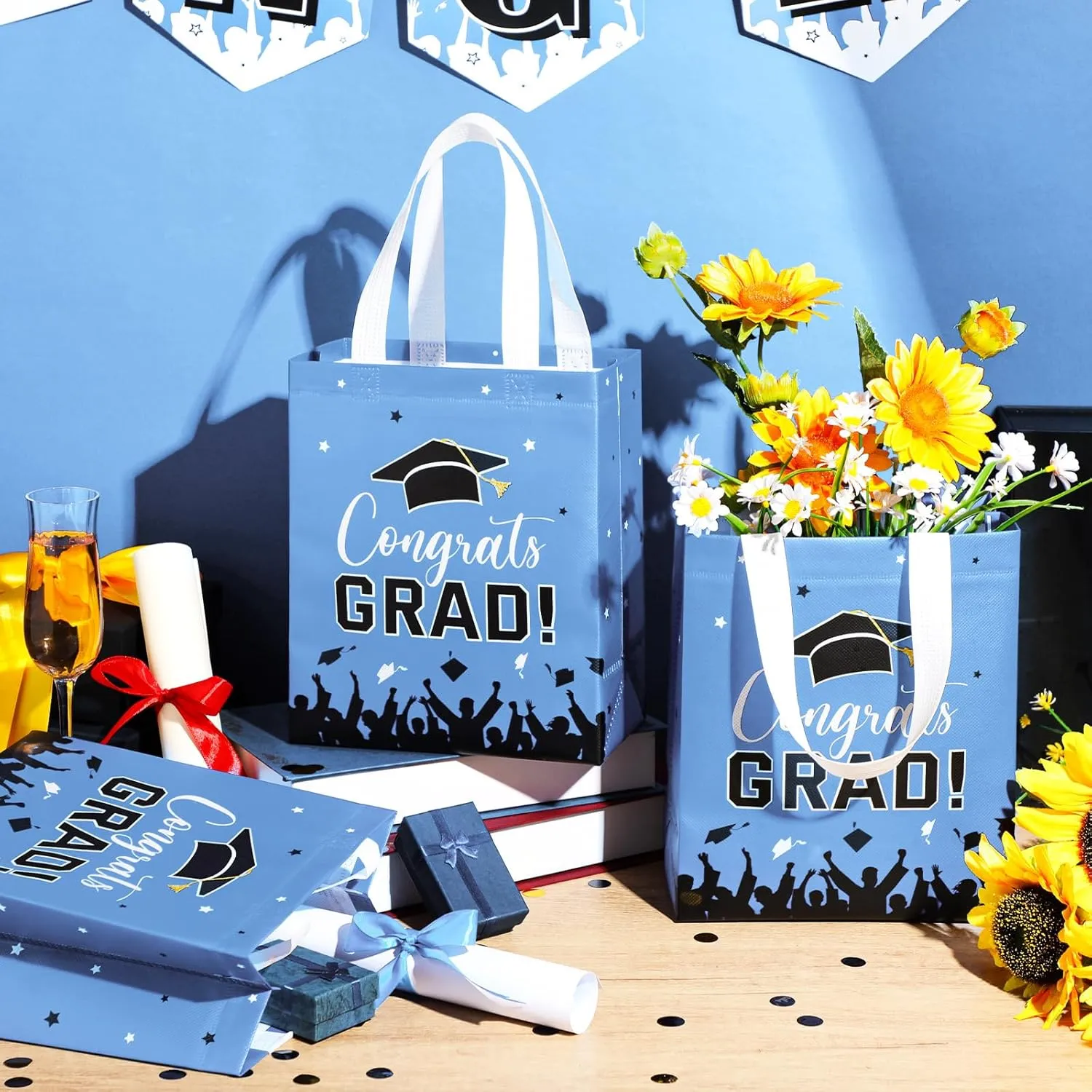 24 Pcs Graduation Gift Bags 2025 Reusable Graduation Bags Bulk with Handles, Nonwoven Congrats Grad Party Favor Tote