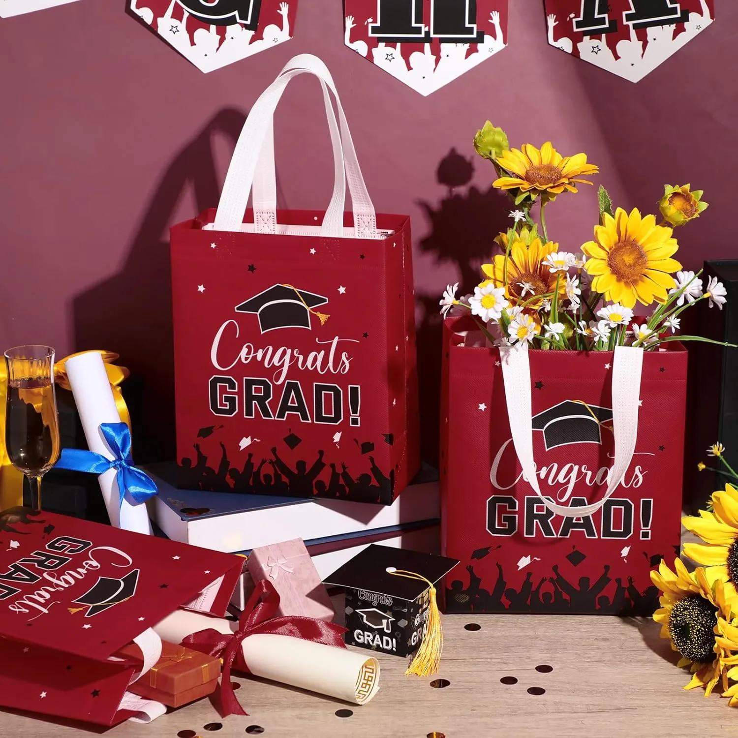 24 Pcs Graduation Gift Bags 2025 Reusable Graduation Bags Bulk with Handles, Nonwoven Congrats Grad Party Favor Tote
