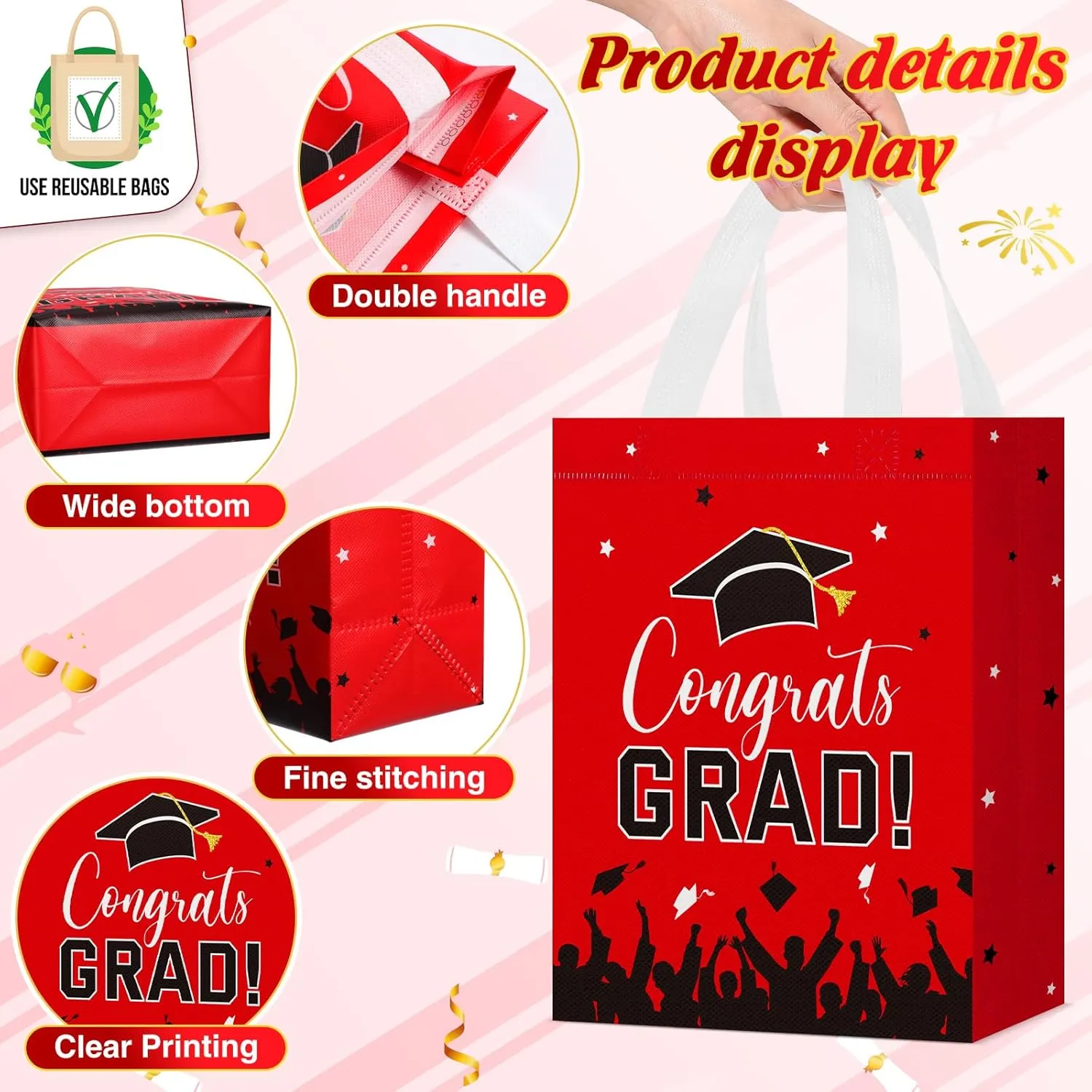 24 Pcs Graduation Gift Bags 2025 Reusable Graduation Bags Bulk with Handles, Nonwoven Congrats Grad Party Favor Tote