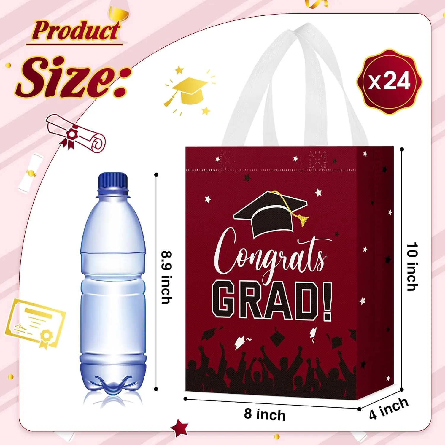 24 Pcs Graduation Gift Bags 2025 Reusable Graduation Bags Bulk with Handles, Nonwoven Congrats Grad Party Favor Tote