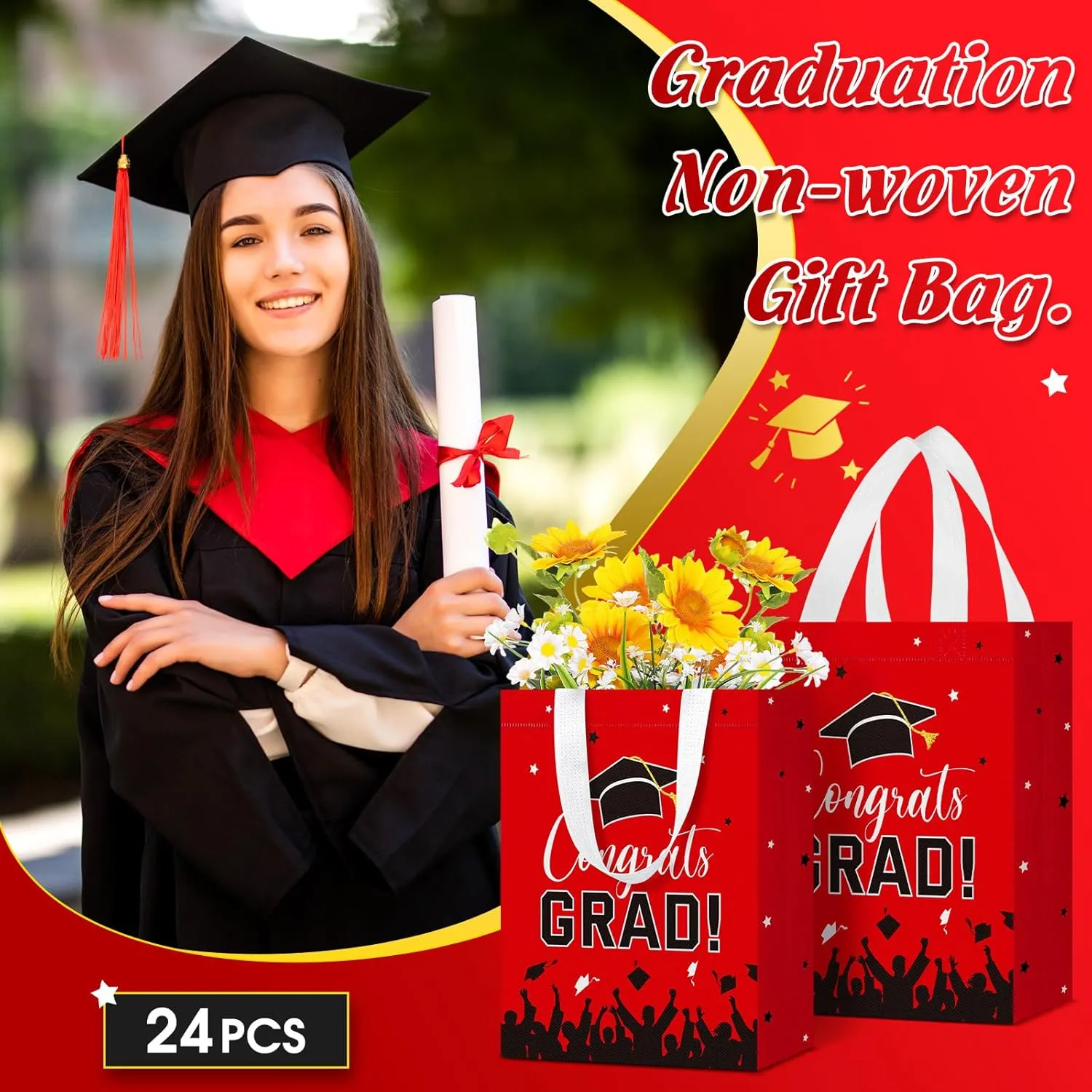 24 Pcs Graduation Gift Bags 2025 Reusable Graduation Bags Bulk with Handles, Nonwoven Congrats Grad Party Favor Tote