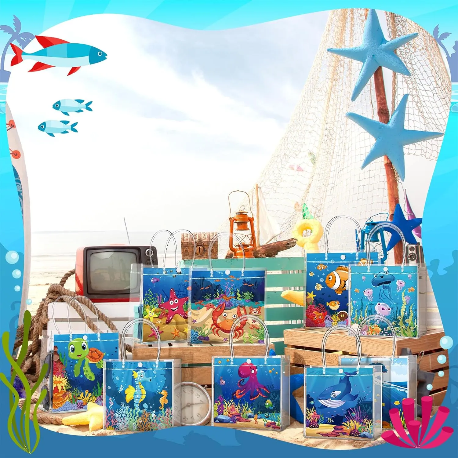24 Pcs Sea Animals Party Favors Bags Theme Ocean PVC Clear Goodie Candy Treat Tote Gift Bags with Handles Under the Sea Birthday Baby Shower Party Supplies