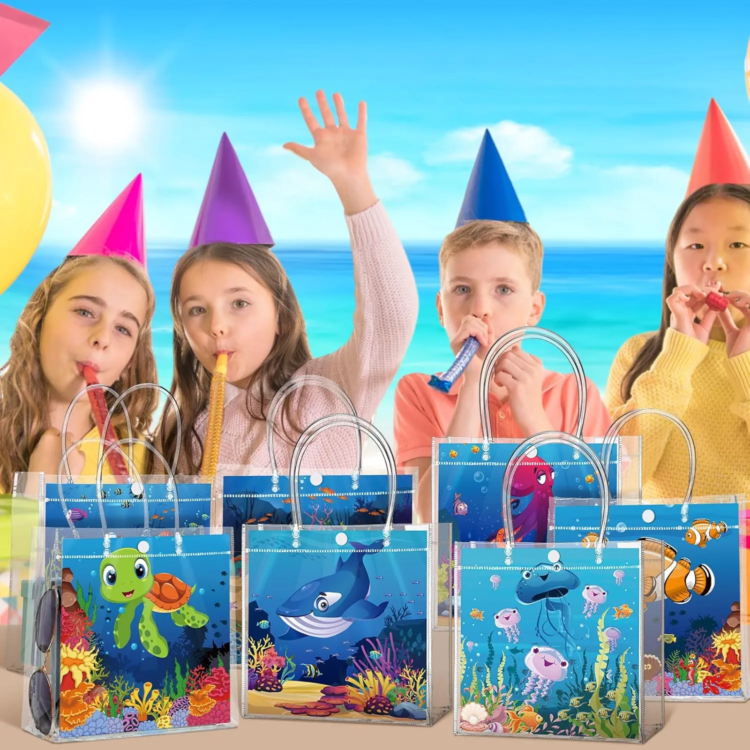 24 Pcs Sea Animals Party Favors Bags Theme Ocean PVC Clear Goodie Candy Treat Tote Gift Bags with Handles Under the Sea Birthday Baby Shower Party Supplies