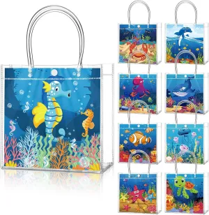 24 Pcs Sea Animals Party Favors Bags Theme Ocean PVC Clear Goodie Candy Treat Tote Gift Bags with Handles Under the Sea Birthday Baby Shower Party Supplies
