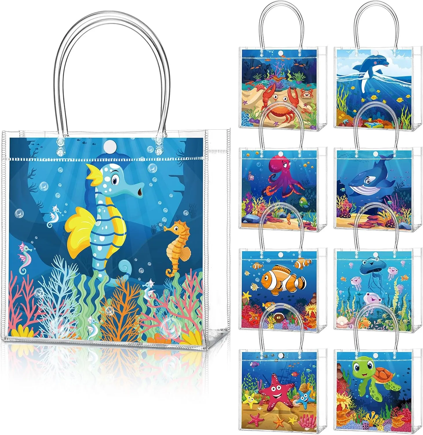24 Pcs Sea Animals Party Favors Bags Theme Ocean PVC Clear Goodie Candy Treat Tote Gift Bags with Handles Under the Sea Birthday Baby Shower Party Supplies