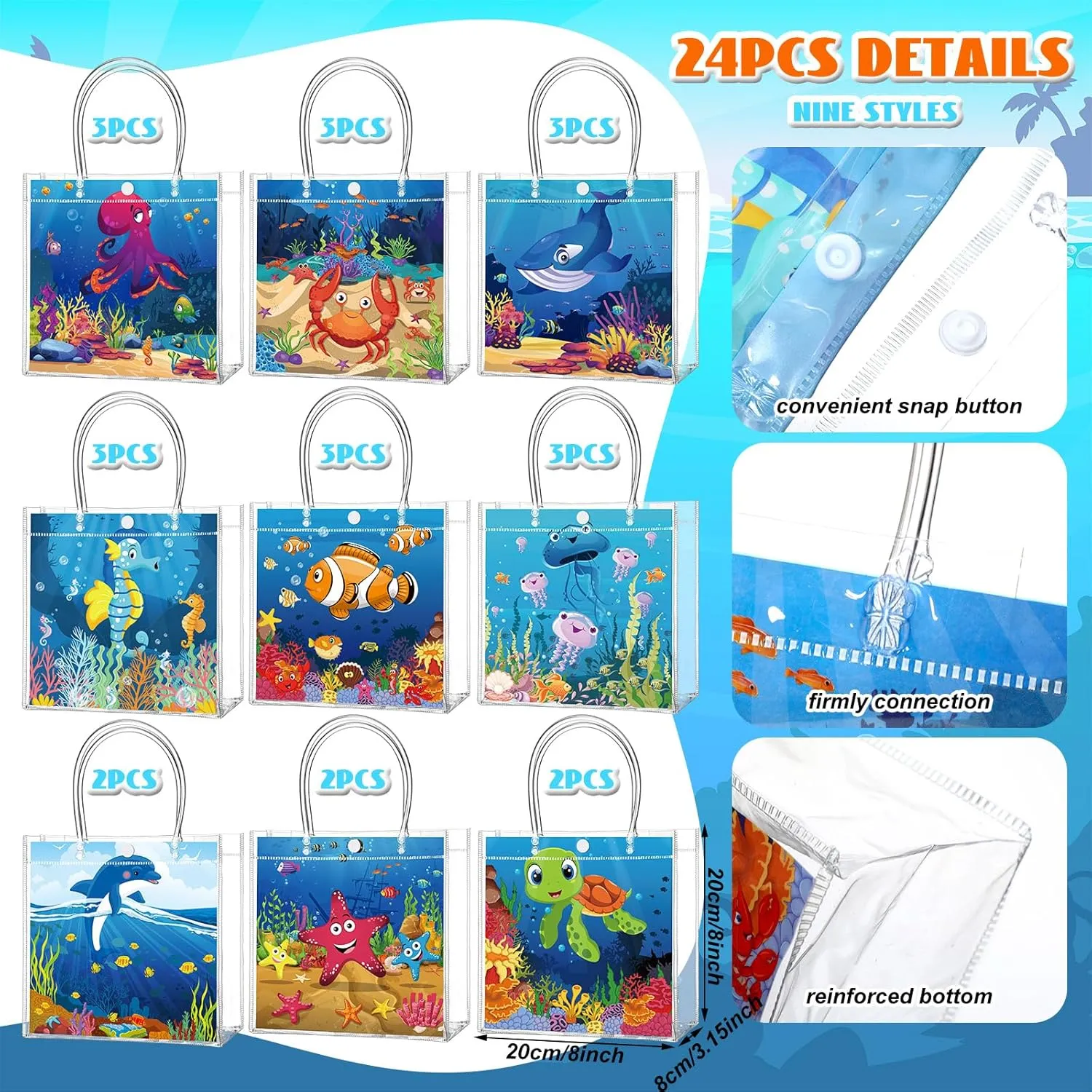 24 Pcs Sea Animals Party Favors Bags Theme Ocean PVC Clear Goodie Candy Treat Tote Gift Bags with Handles Under the Sea Birthday Baby Shower Party Supplies