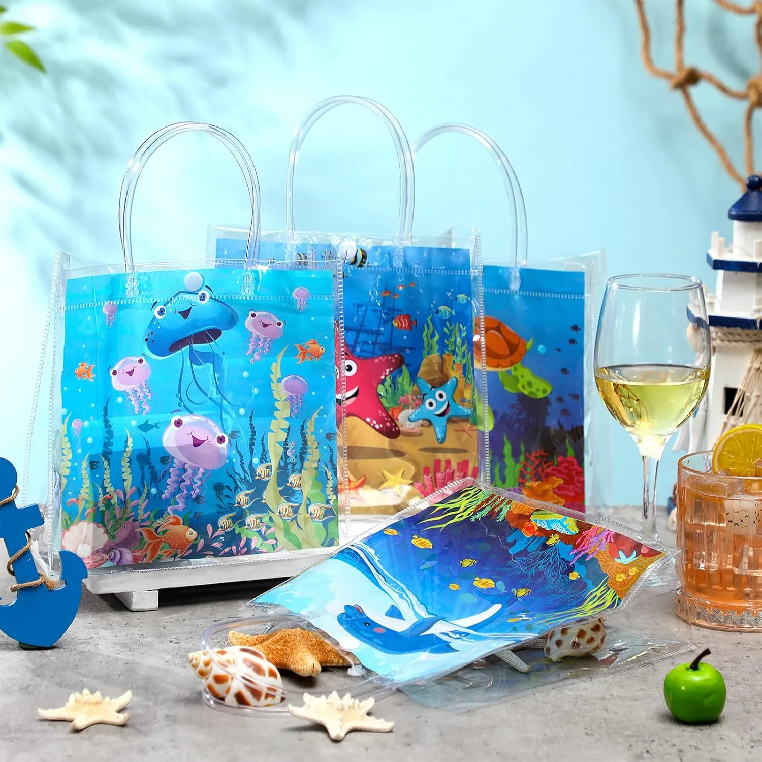 24 Pcs Sea Animals Party Favors Bags Theme Ocean PVC Clear Goodie Candy Treat Tote Gift Bags with Handles Under the Sea Birthday Baby Shower Party Supplies