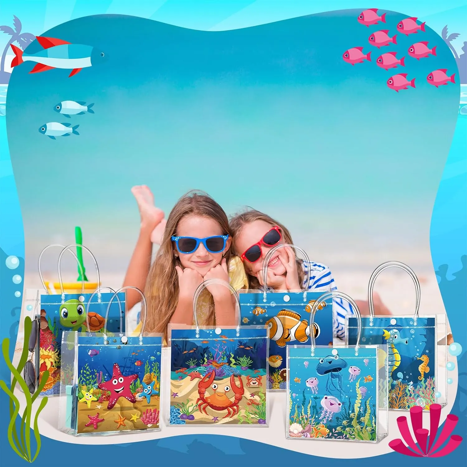 24 Pcs Sea Animals Party Favors Bags Theme Ocean PVC Clear Goodie Candy Treat Tote Gift Bags with Handles Under the Sea Birthday Baby Shower Party Supplies