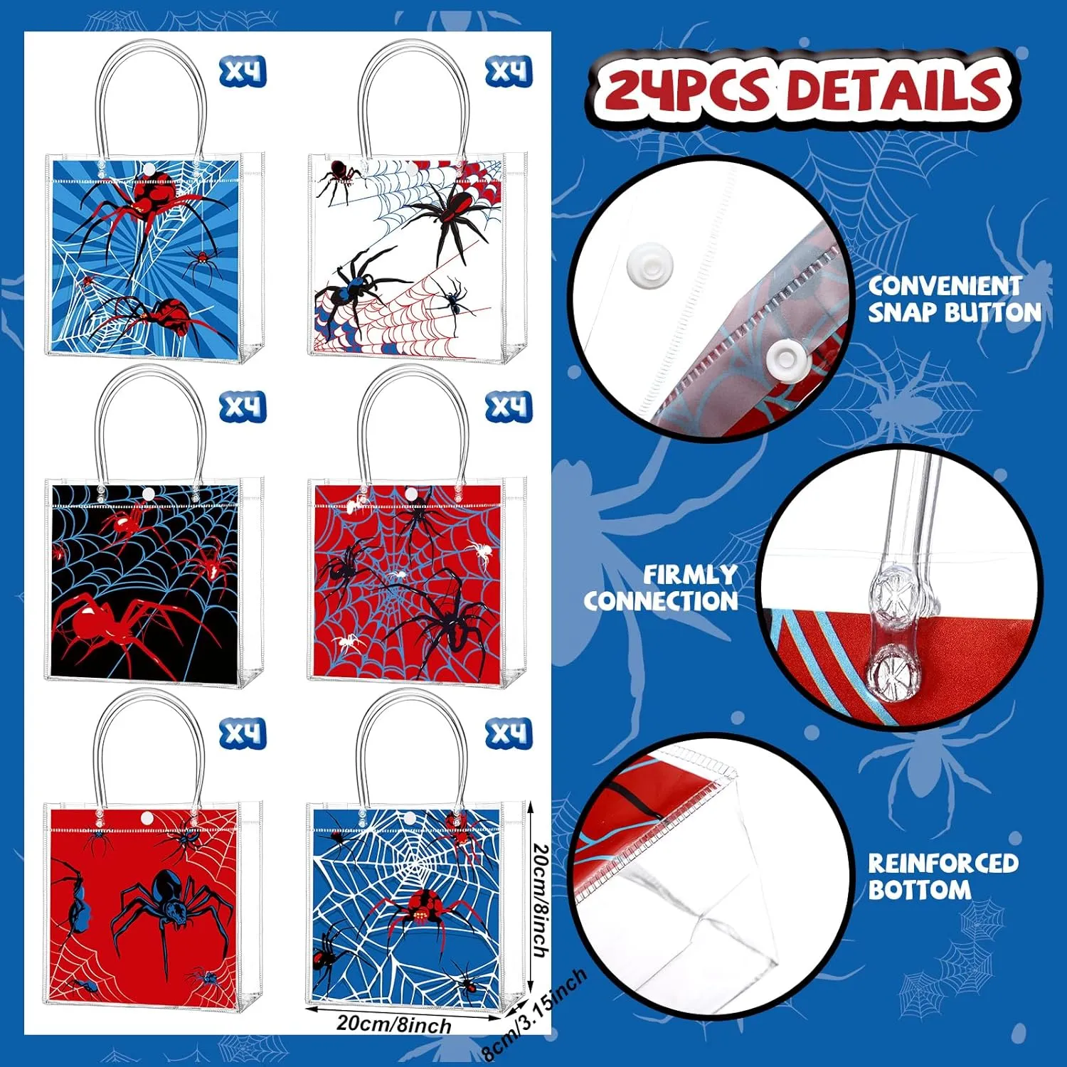 24 Pcs Spider Clear PVC Gift Bags with Handles spider themed Candy Treat Tote Gift Party Favors Bags for Birthday Party Supplies(Spider)