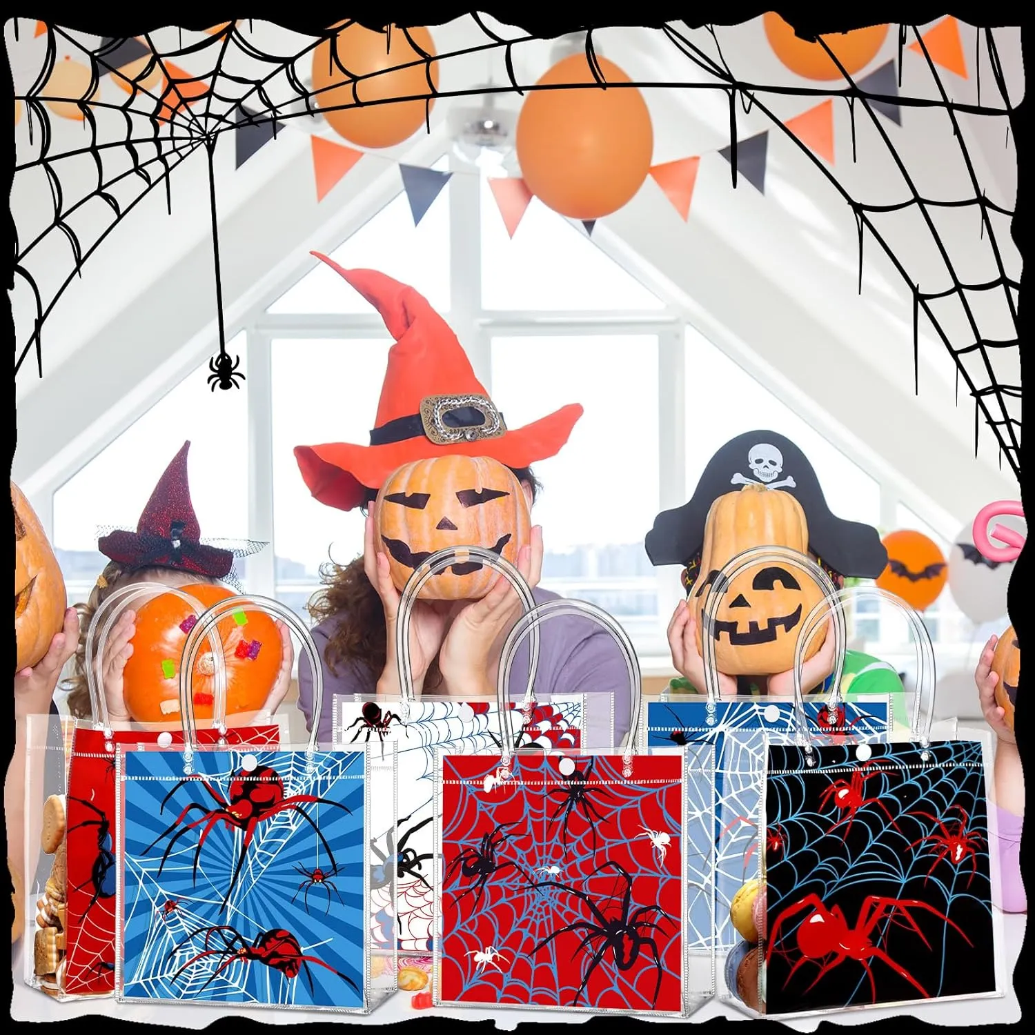 24 Pcs Spider Clear PVC Gift Bags with Handles spider themed Candy Treat Tote Gift Party Favors Bags for Birthday Party Supplies(Spider)