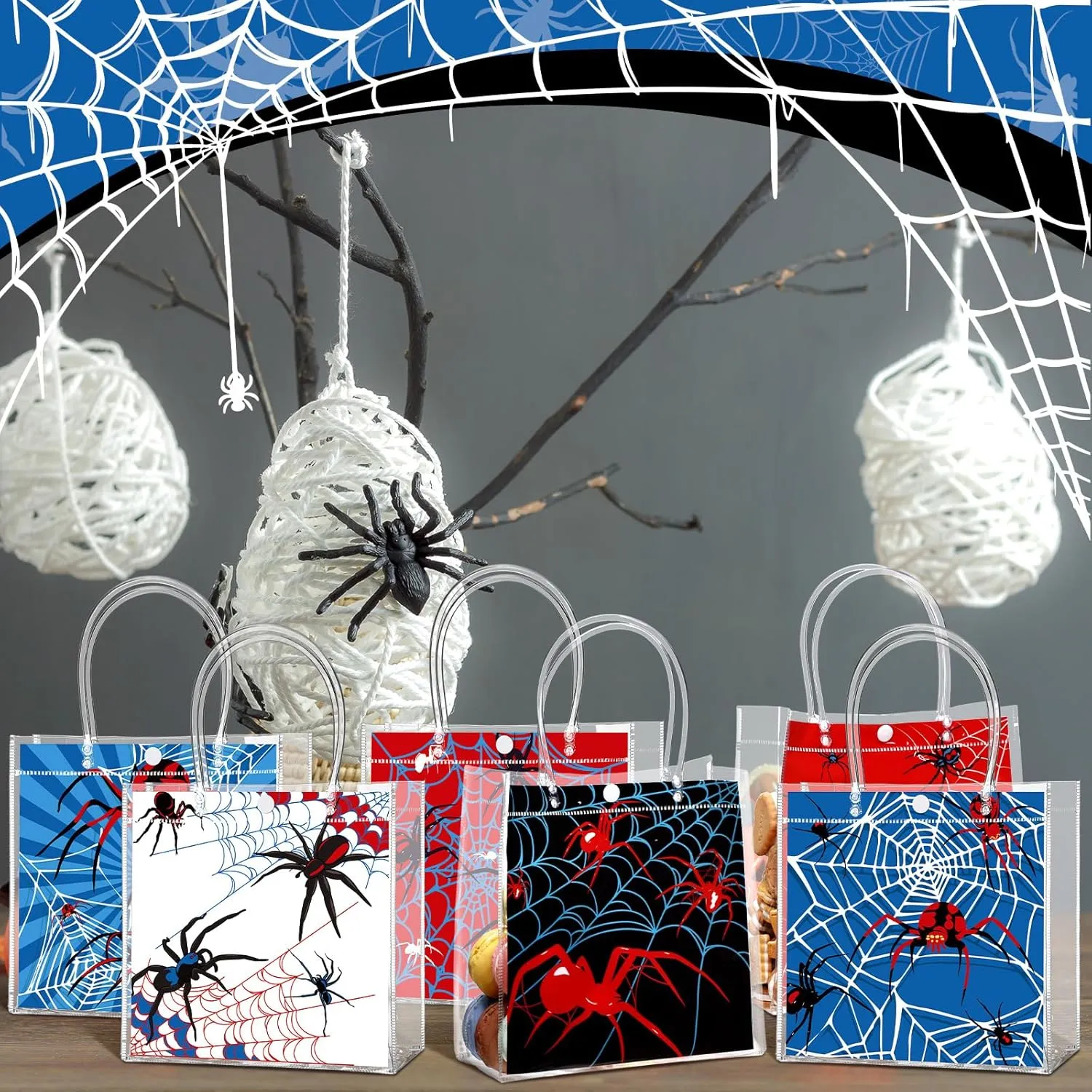 24 Pcs Spider Clear PVC Gift Bags with Handles spider themed Candy Treat Tote Gift Party Favors Bags for Birthday Party Supplies(Spider)
