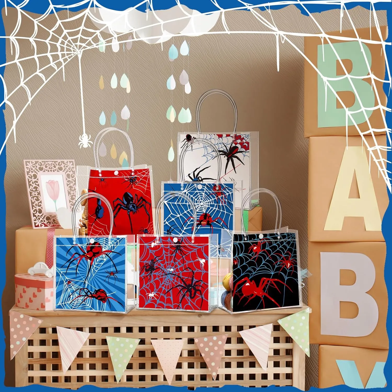 24 Pcs Spider Clear PVC Gift Bags with Handles spider themed Candy Treat Tote Gift Party Favors Bags for Birthday Party Supplies(Spider)