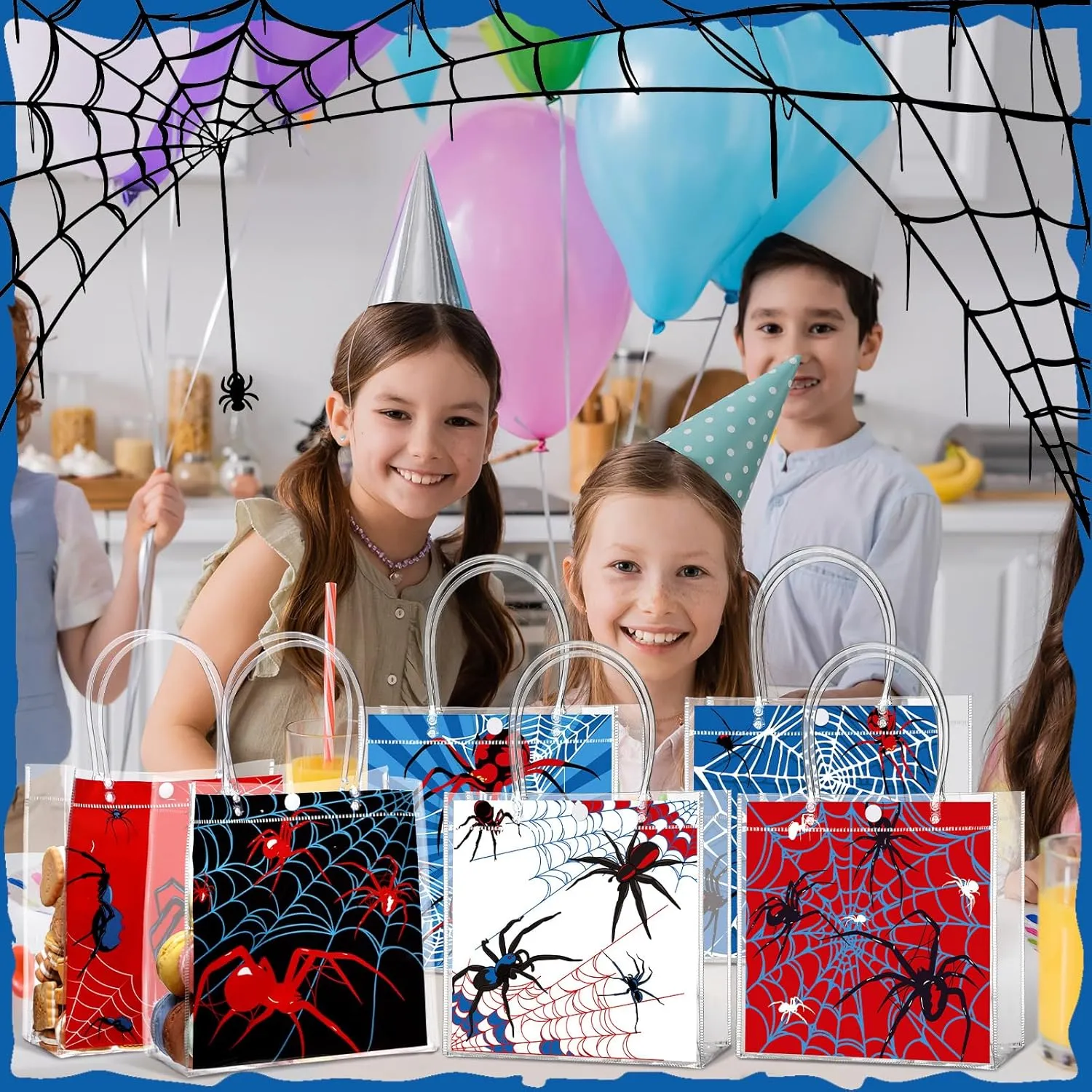 24 Pcs Spider Clear PVC Gift Bags with Handles spider themed Candy Treat Tote Gift Party Favors Bags for Birthday Party Supplies(Spider)