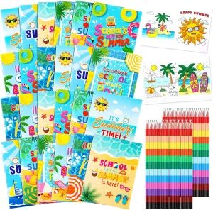 24 Set Summer Mini Coloring Books Bulk with 24 Set Stacking Crayons Beach Pool Party Favors Activity Books Bulk for Summer End of Year Gifts Birthday Goodie Bags Stuffers