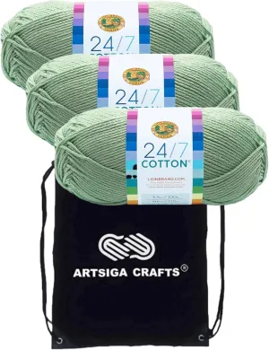 24/7 Cotton Mint 3-Skein Factory Pack (Same Dye Lot) 761-156 Bundle with 1 Artsiga Crafts Project Bag